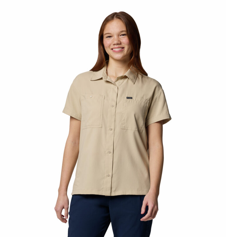 a women wearing a brown Silver Ridge Utility Short Sleeve Shirt