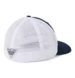 A blue and white fishing cap back view