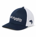 A blue and white fishing cap front view
