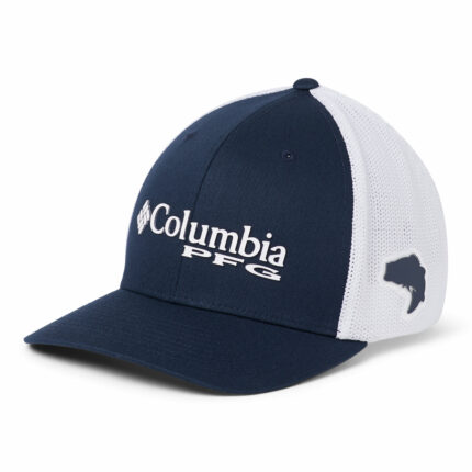 A blue and white fishing cap front view