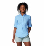 a woman wearing a blue shirt