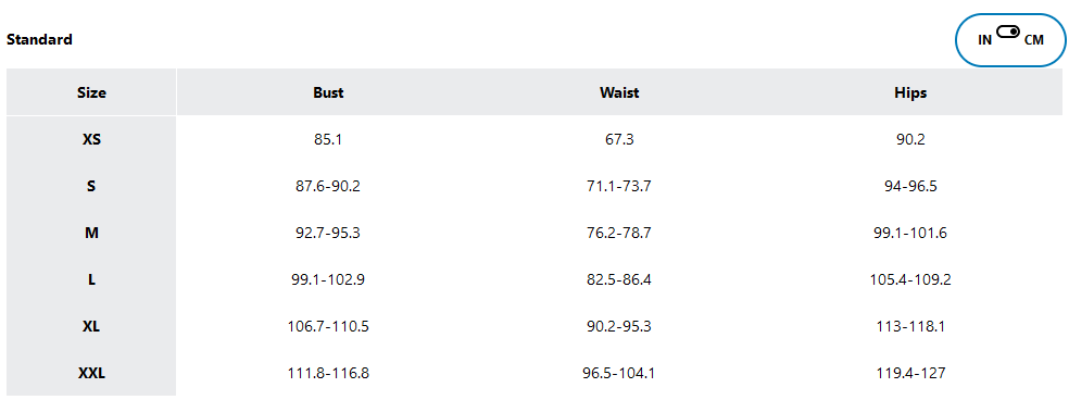 a screenshot of the sizing guides