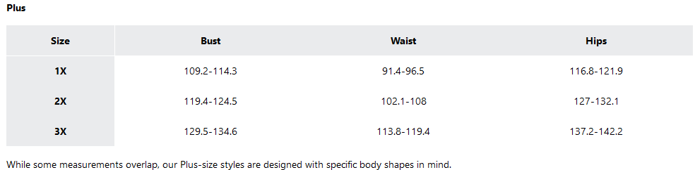 a screenshot of the sizing guides