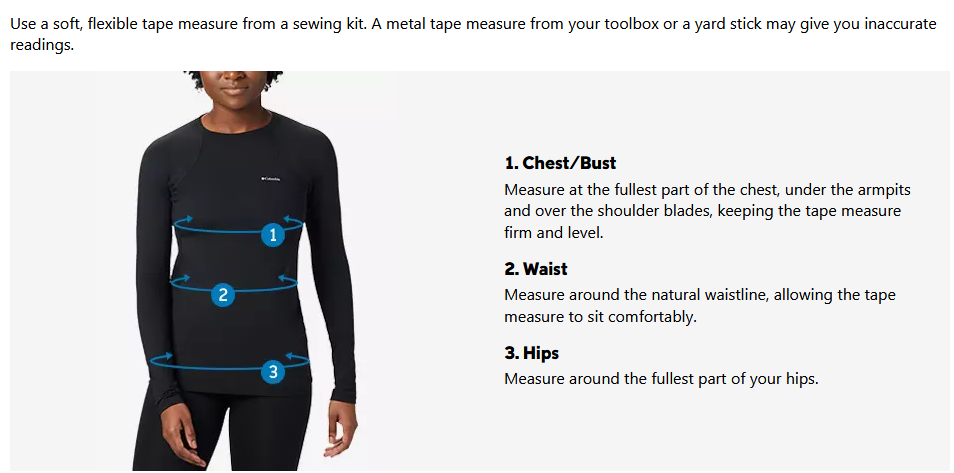 a screenshot of the sizing guides