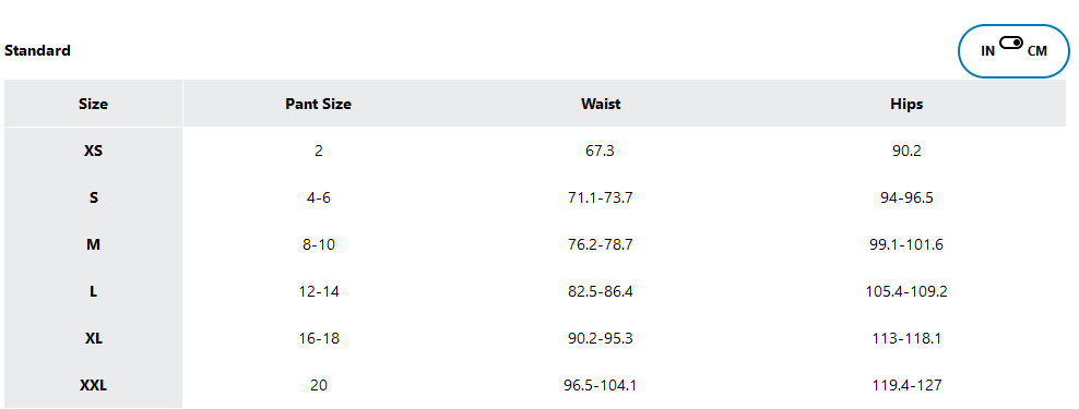 a screenshot of the sizing guides