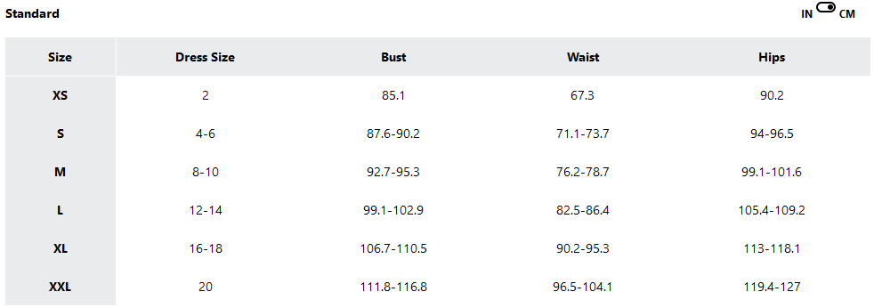a screenshot of the sizing guides