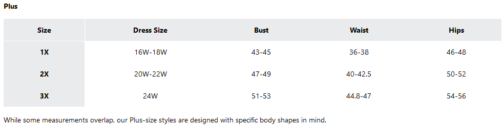 a screenshot of the sizing guides