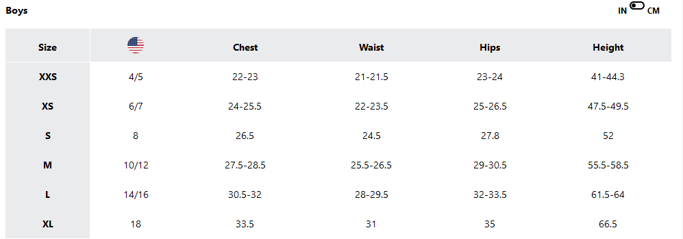 a screenshot of the sizing guides
