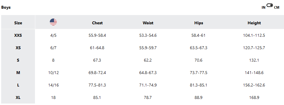 a screenshot of the sizing guides