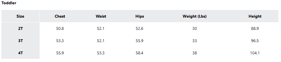 a screenshot of the sizing guides
