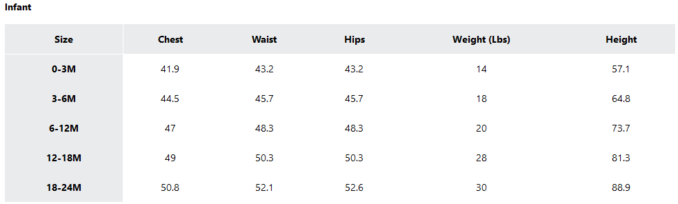 a screenshot of the sizing guides