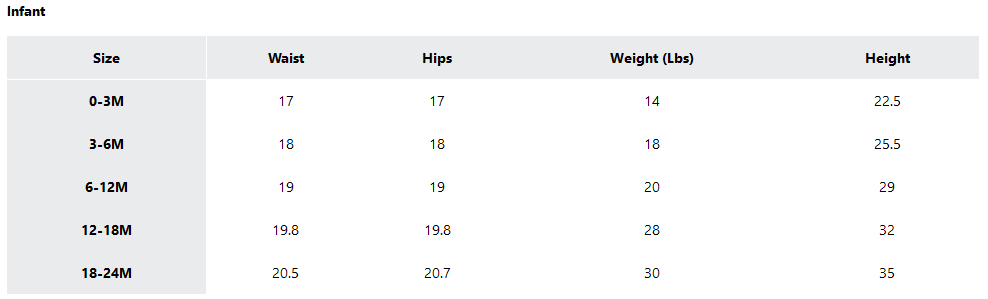 a screenshot of the sizing guides