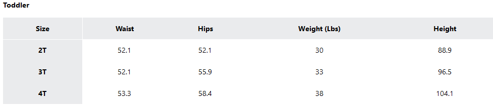 a screenshot of the sizing guides