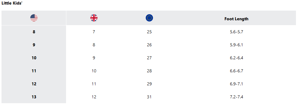 a screenshot of the sizing guides
