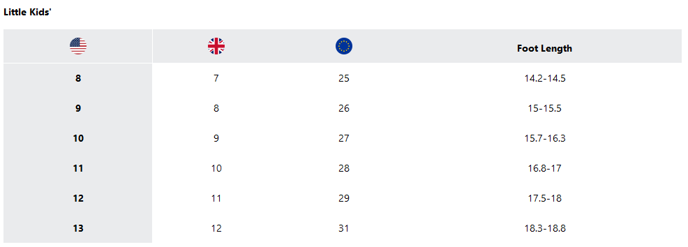 a screenshot of the sizing guides