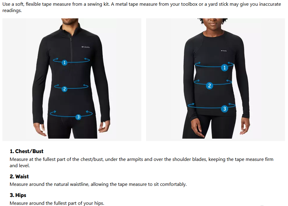 a screenshot of the sizing guides