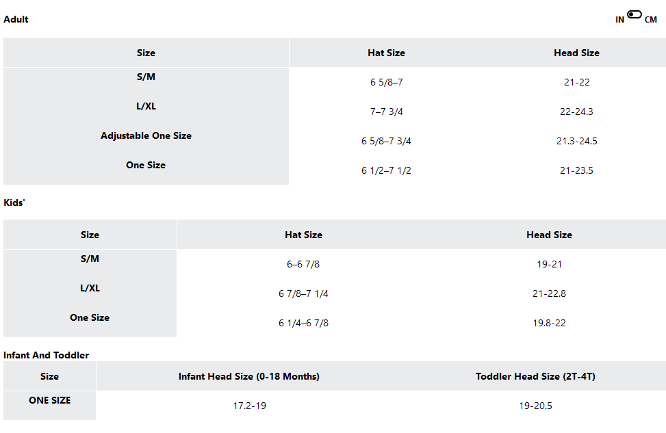 a screenshot of the sizing guides