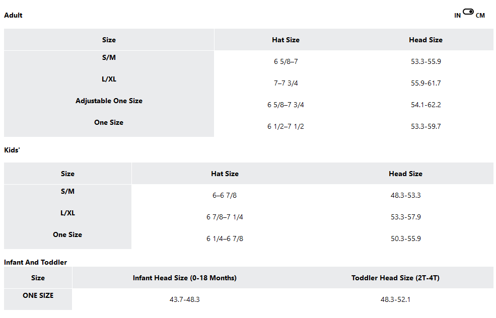 a screenshot of the sizing guides