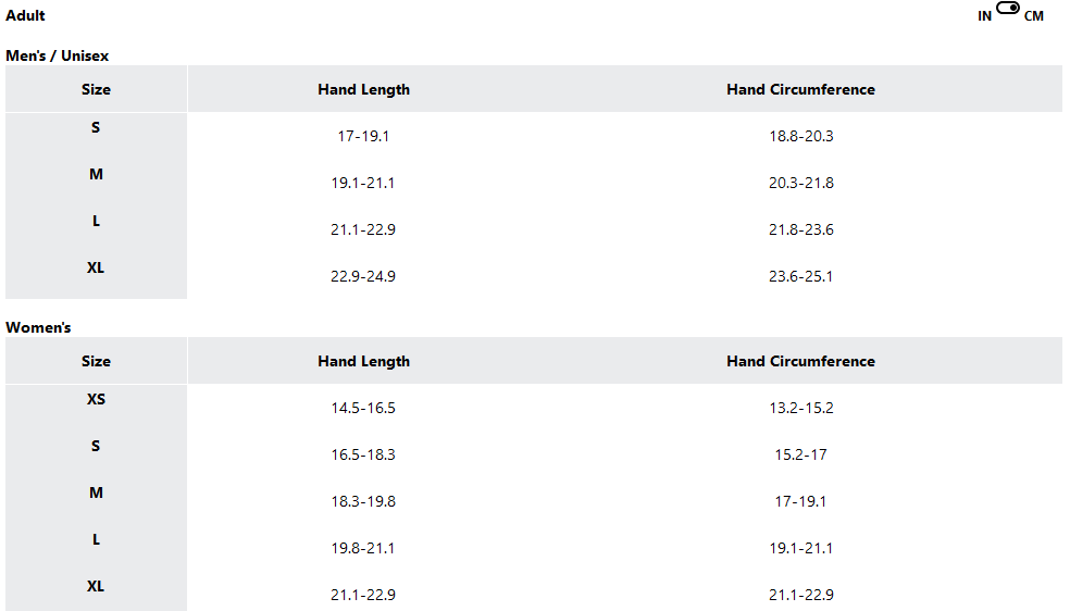 a screenshot of the sizing guides