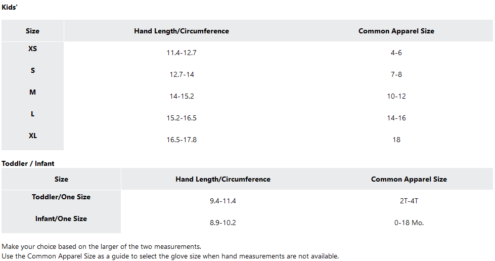 a screenshot of the sizing guides