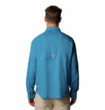 A man in a blue shirt back view