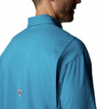 A close up of a man in a blue shirt back view