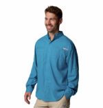 A man in a blue shirt side view