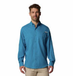 A man in a blue shirt front view