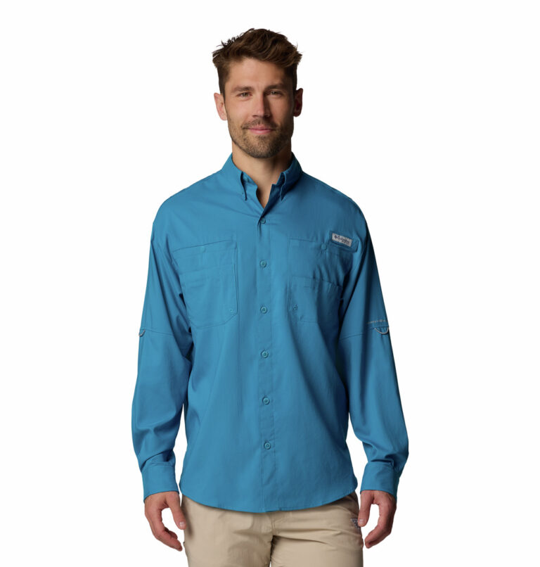 A man in a blue shirt front view