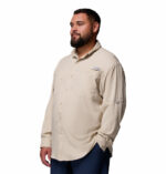a man wearing a brown PFG Tamiami II Long Sleeve Shirt