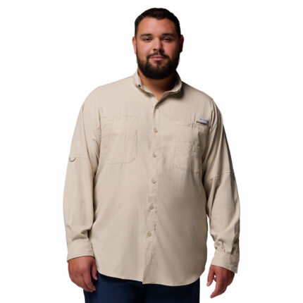 a man wearing a brown PFG Tamiami II Long Sleeve Shirt
