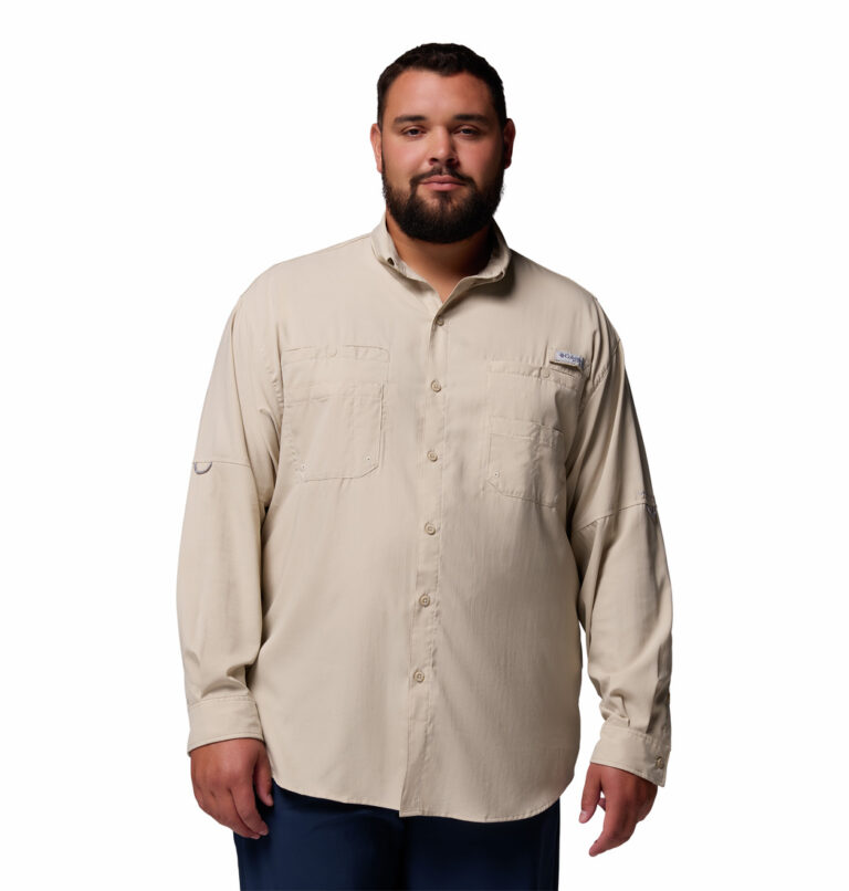 a man wearing a brown PFG Tamiami II Long Sleeve Shirt