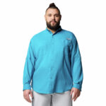 A man in a blue shirt front view