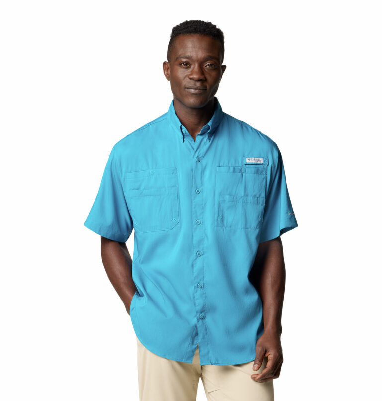 A man in a blue shirt front view