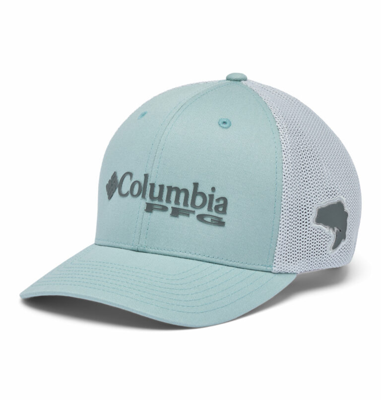 A blue and grey fishing hat front view