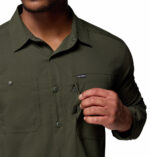 a man wearing a green silver ridge utility lite long sleeve shirt