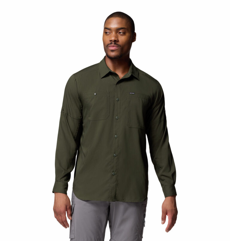 a man wearing a green silver ridge utility lite long sleeve shirt