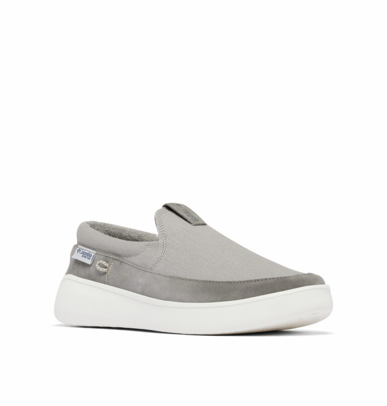 A grey boat shoe front view