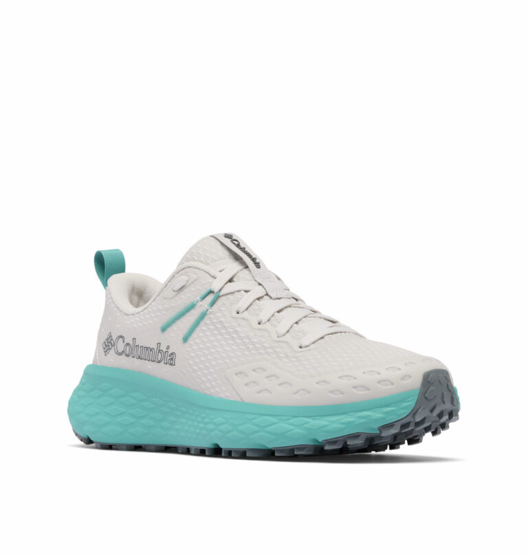 A white and blue hiking shoe front view