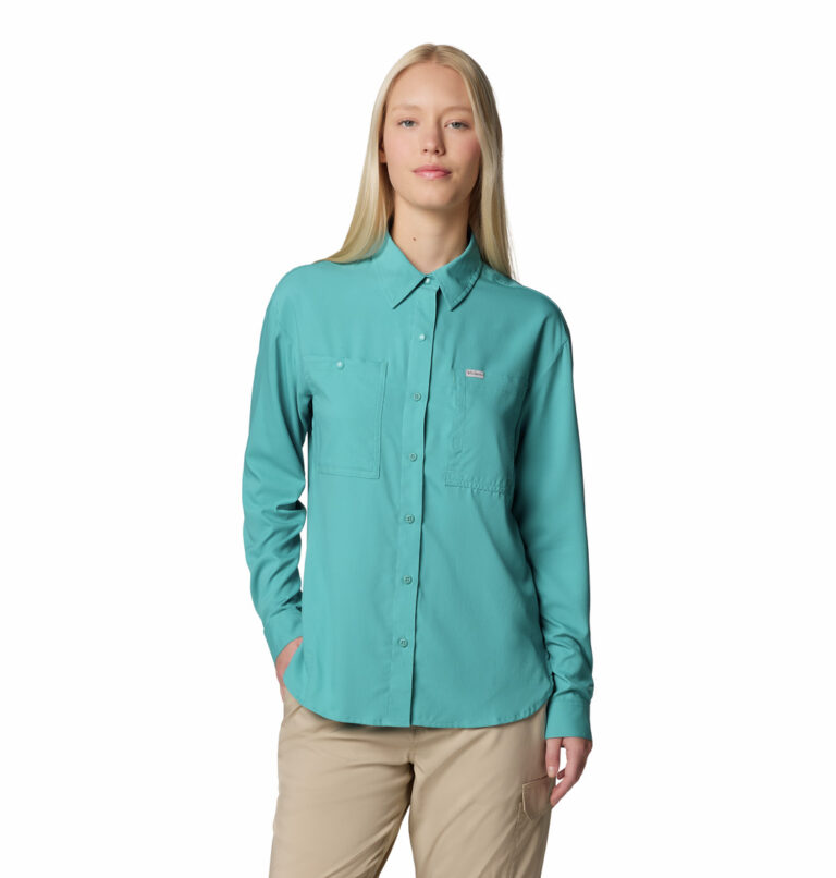 Women in blue long sleeve shirt front view