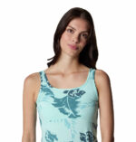 a women wearing a blue floral dress
