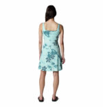a women wearing a blue floral dress
