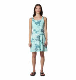 a women wearing a blue floral dress