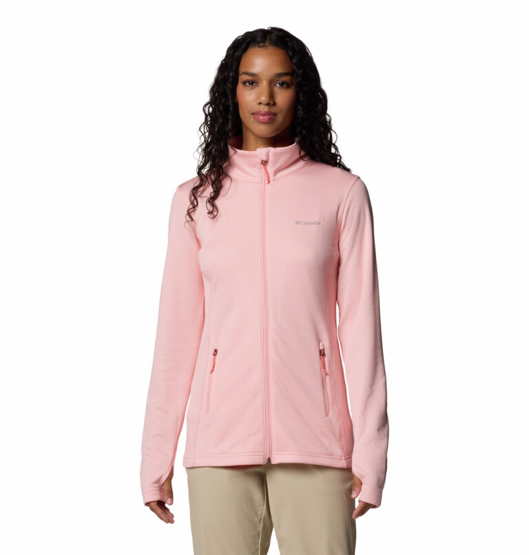 a woman wearing a pink fleece jacket