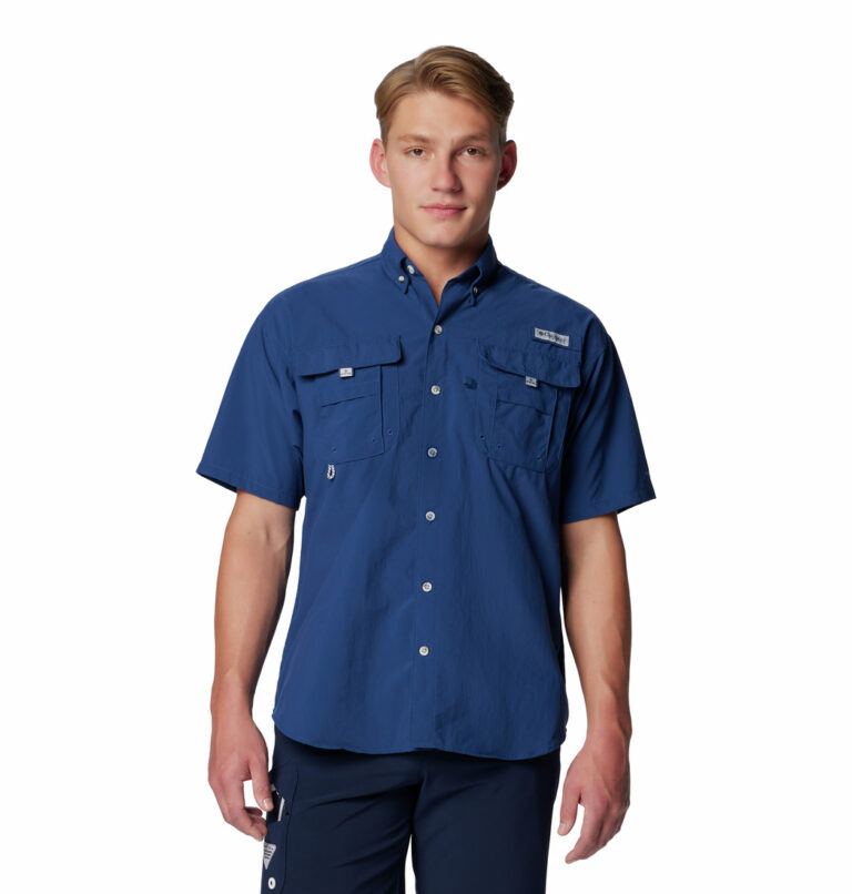 A man wearing a blue short sleeve shirt