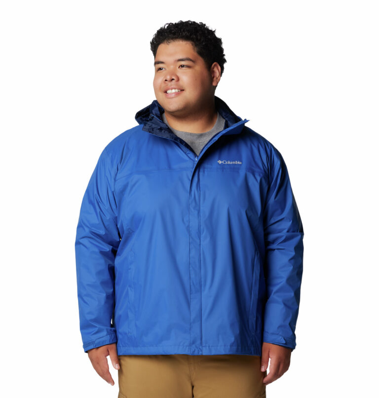 A man wearing a blue rain jacket