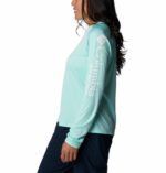 A women wearing a Blue long sleeve shirt
