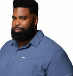a man wearing a blue long sleeve shirt