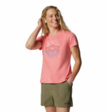 A women wearing a pink graphic t-shirt