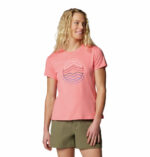 A women wearing a pink graphic t-shirt